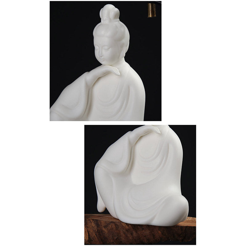 Ceramic LED Bodhisattva Decoration – two-panel female, front closeup, back view, craft detail