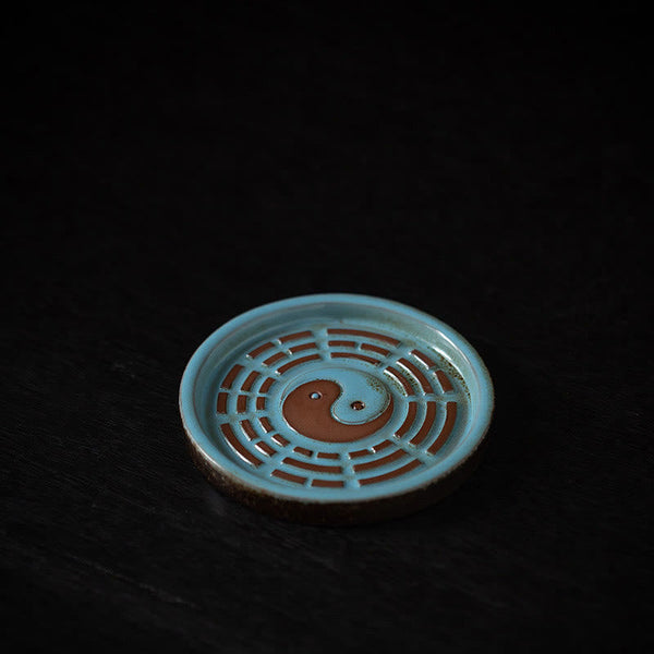 Turquoise Bagua Incense Plate – Celadon-glazed dish with yin-yang center and trigram cutout design