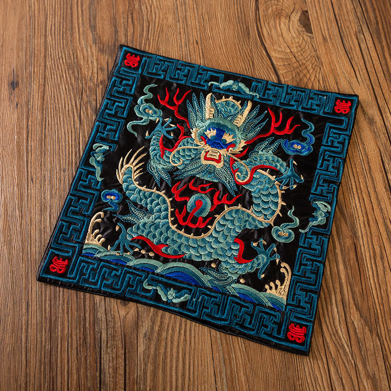 Phoenix Dragon Kirin Embroidery Tea Cup Mat - Black teal dragon red longevity corners, Imperial Dragon