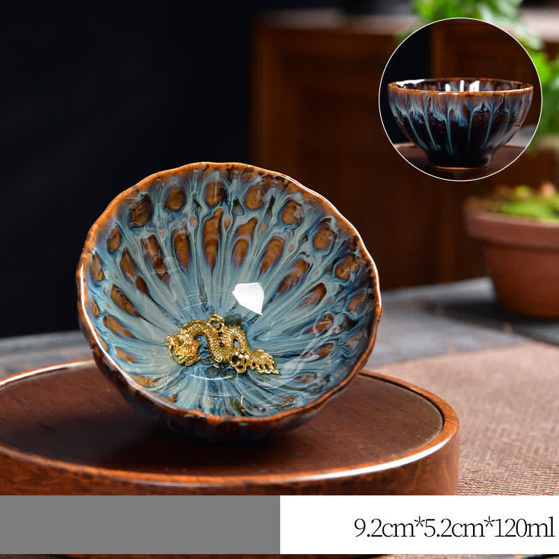 Lotus Peacock Dragon Phoenix Koi Fish Ceramic Teacup – rim detail showing gold or colored edge trim, fine porcelain