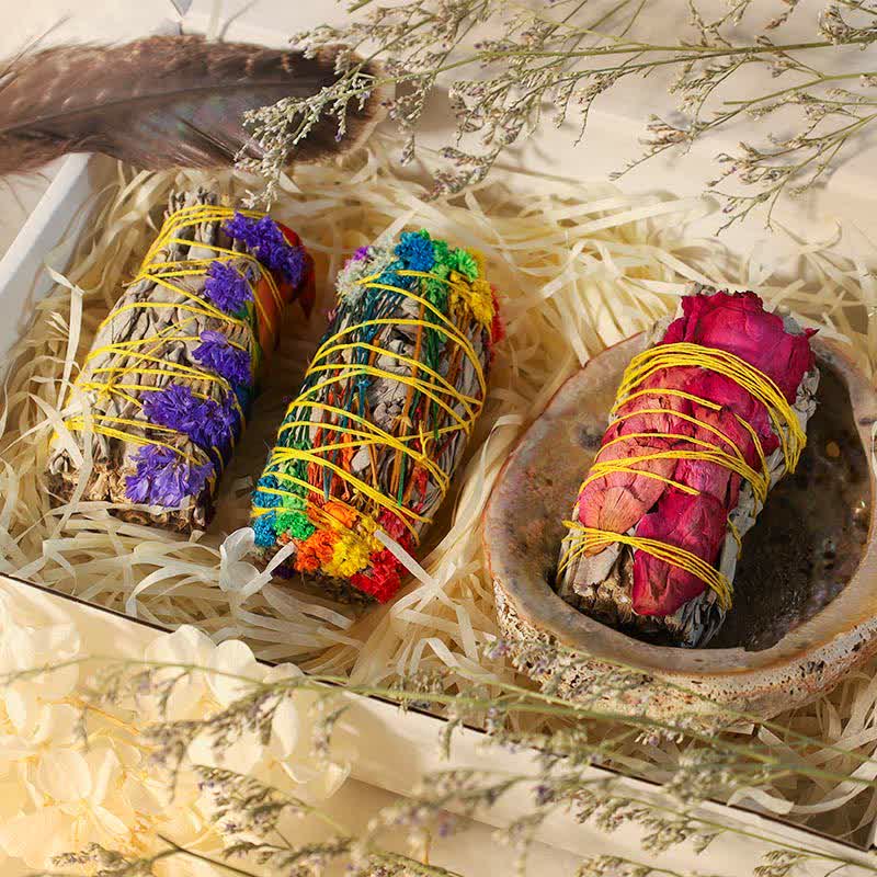 Smudge Stick Set with Abalone Shell - Gift box with rose petal and purple sticks, feather set