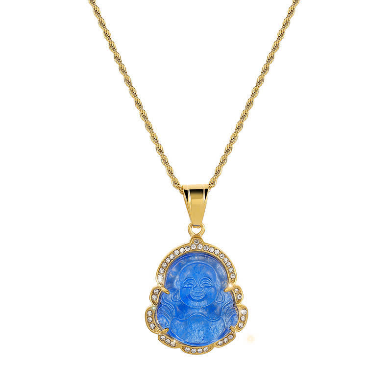 18K Gold Filled Laughing Buddha Jade Necklace – Side profile of Buddha belly, prosperity symbolism