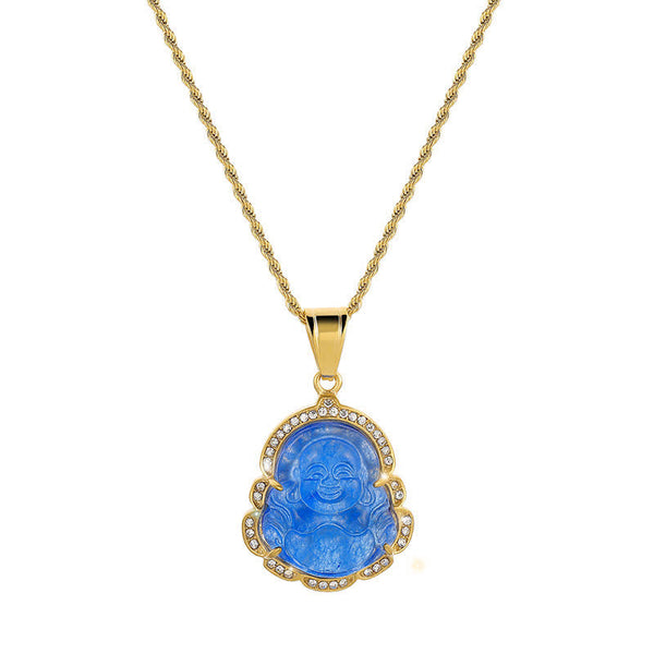 18K Gold Filled Laughing Buddha Jade Necklace – Side profile of Buddha belly, prosperity symbolism