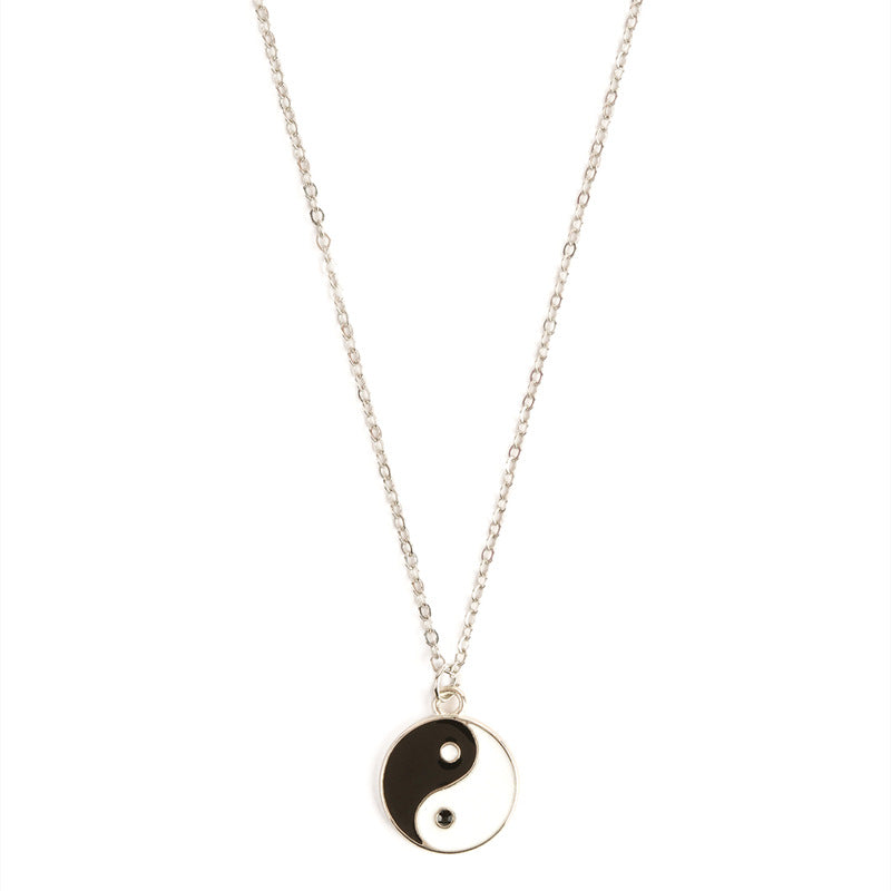 Yin Yang Pendant Necklace - Front view on white background, black white enamel pendant