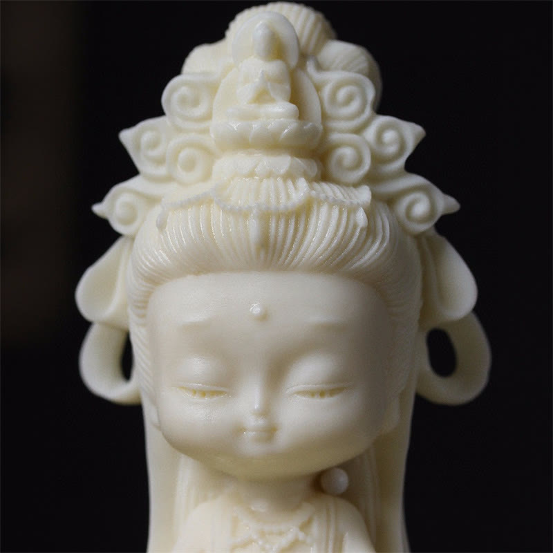 Kwan Yin Ivory Fruit Lotus Decoration - close-up headdress with Amitabha Buddha and cloud motifs, Intricate