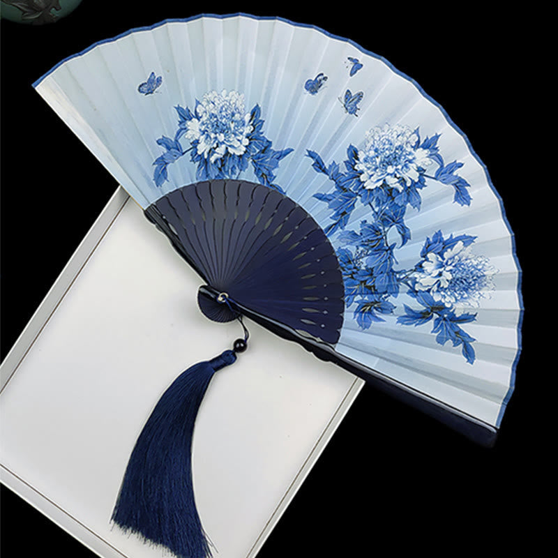 Vintage Silk Folding Fan - Blue white peony butterfly open fan with two folded variants, silk fan