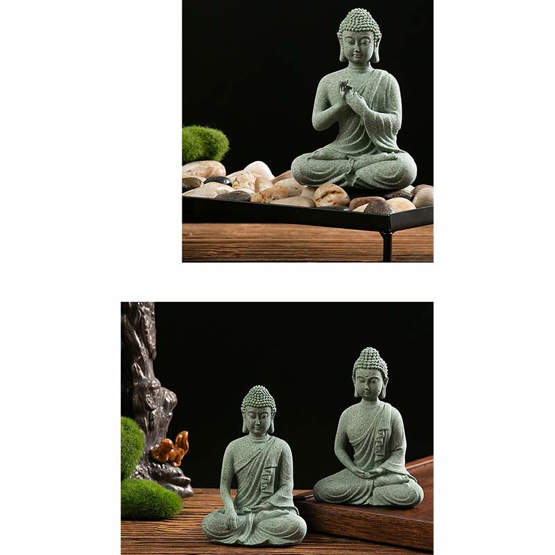 Green Sandstone Buddha Statue – Buddha on pebbles and twin seated figures collage view