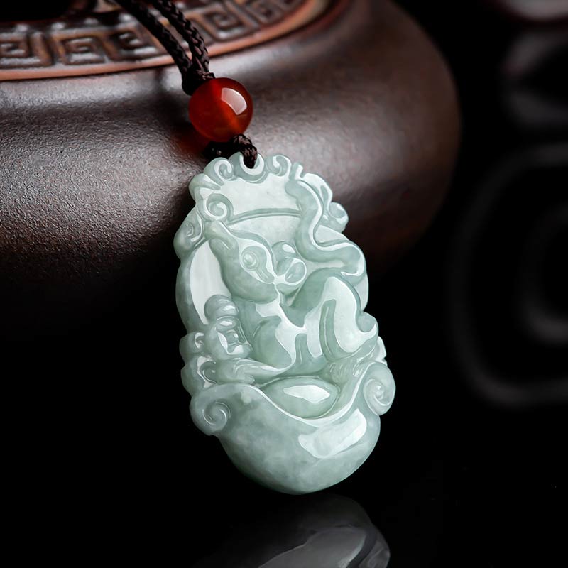 Natural Jade Chinese Zodiac Pendant – Rat carving beside traditional teapot, prosperity