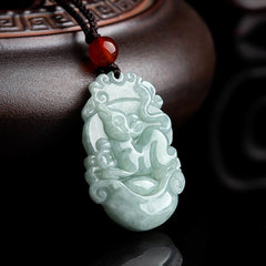 Natural Jade Chinese Zodiac Pendant – Rat carving beside traditional teapot, prosperity