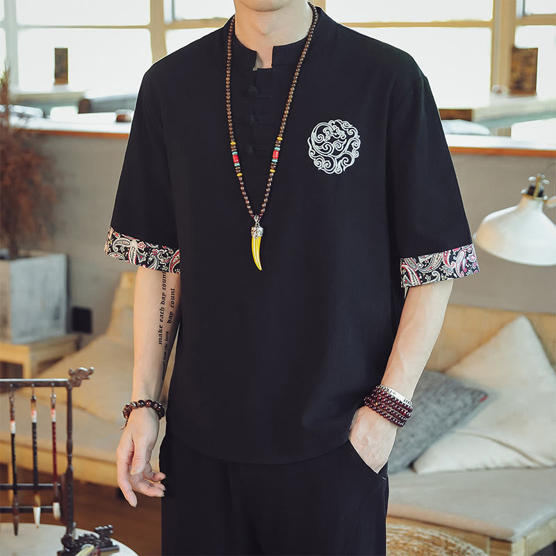 Dragon Embroidery Frog-Button Linen Tang Suit Shirt - Black shirt with white chest embroidery, sleek