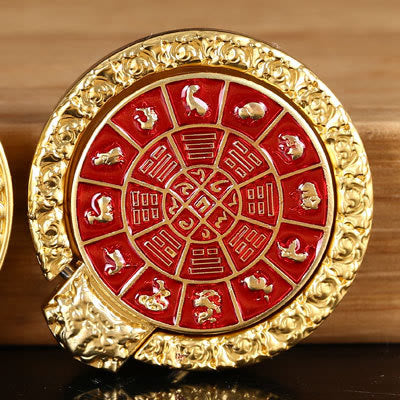 Om Mani Padme Hum Phone Ring Holder – Gold Chinese zodiac medallion with red enamel, feng shui charm