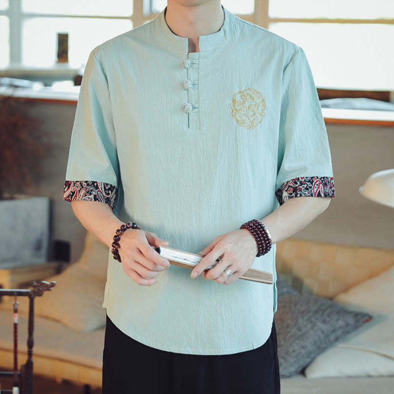 Dragon Embroidery Frog-Button Linen Tang Suit Shirt - Blue-green with knot button placket, heritage