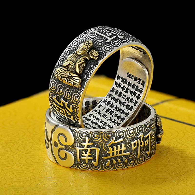 Natal Buddha Ring - Two stacked rings on yellow silk with sutra engravings, Sacred