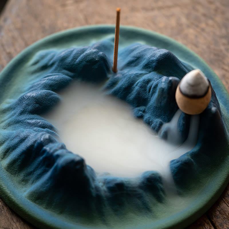 Ceramic Backflow Incense Burner – Turquoise mountain landscape with miniature hut and misty smoke valley, zen decor