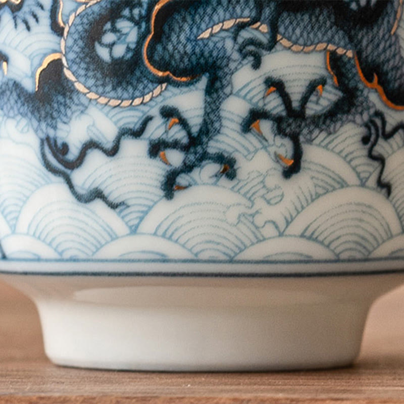 Blue & White Dragon Ceramic Teacup – macro dragon claws with gold accents, wave background, Jingdezhen