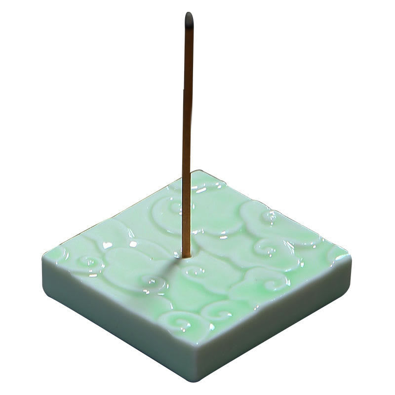 Mini Auspicious Clouds Ceramic Incense Burner – white background shot of green square holder with incense stick, ceramic incense burner