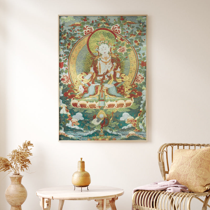 Tibetan Embroidery White Tara Thangka Tapestry – four arms lotus mala, gold crown jewels, devotional detail