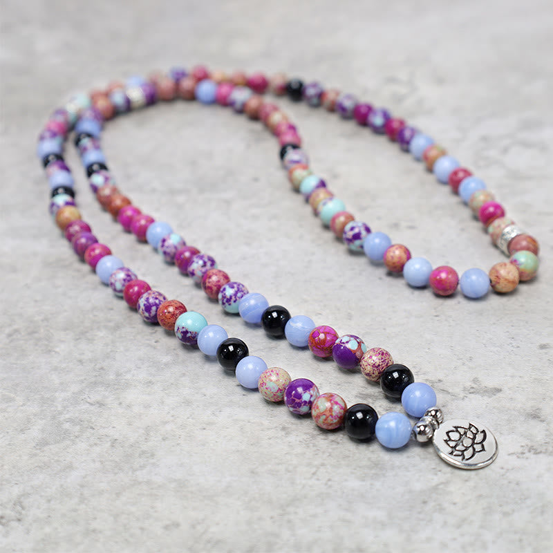 Purple Miano Real Stone Lotus Mala – multicolor prayer beads in looped layout, meditation