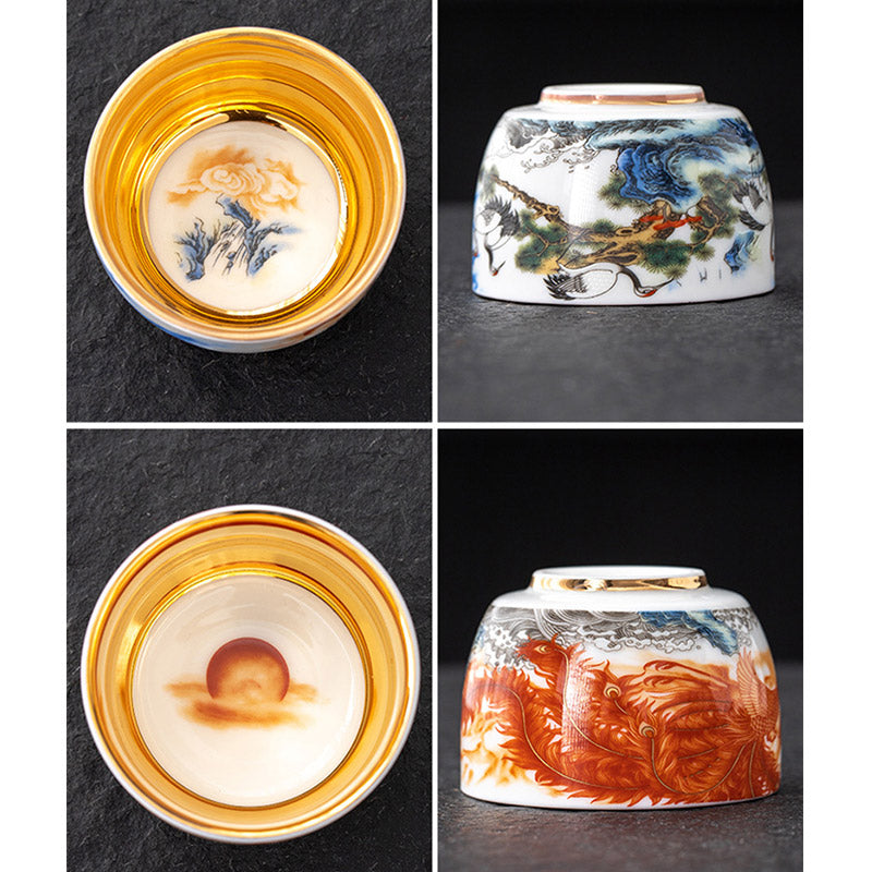 Dragon Phoenix Crane Gilt Ceramic Teacup – three-panel set with phoenix, crane, and dragon gold-lined cups, traditional collection