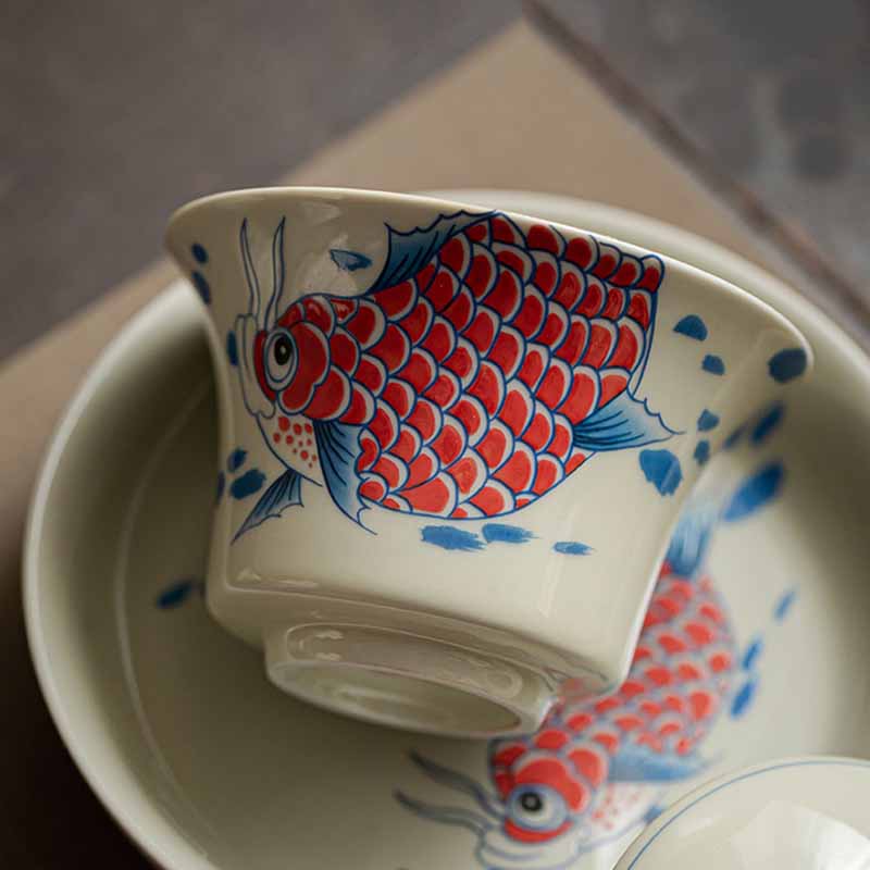 Koi Sancai Gaiwan – back view with lid showing fish pattern, ceramic teacup