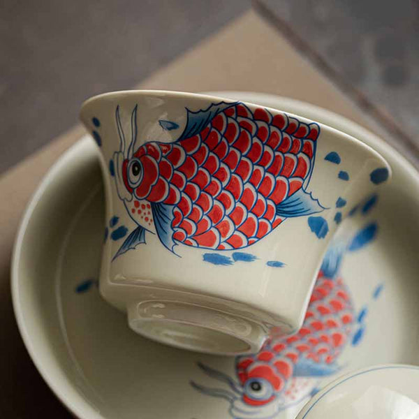 Koi Sancai Gaiwan – back view with lid showing fish pattern, ceramic teacup