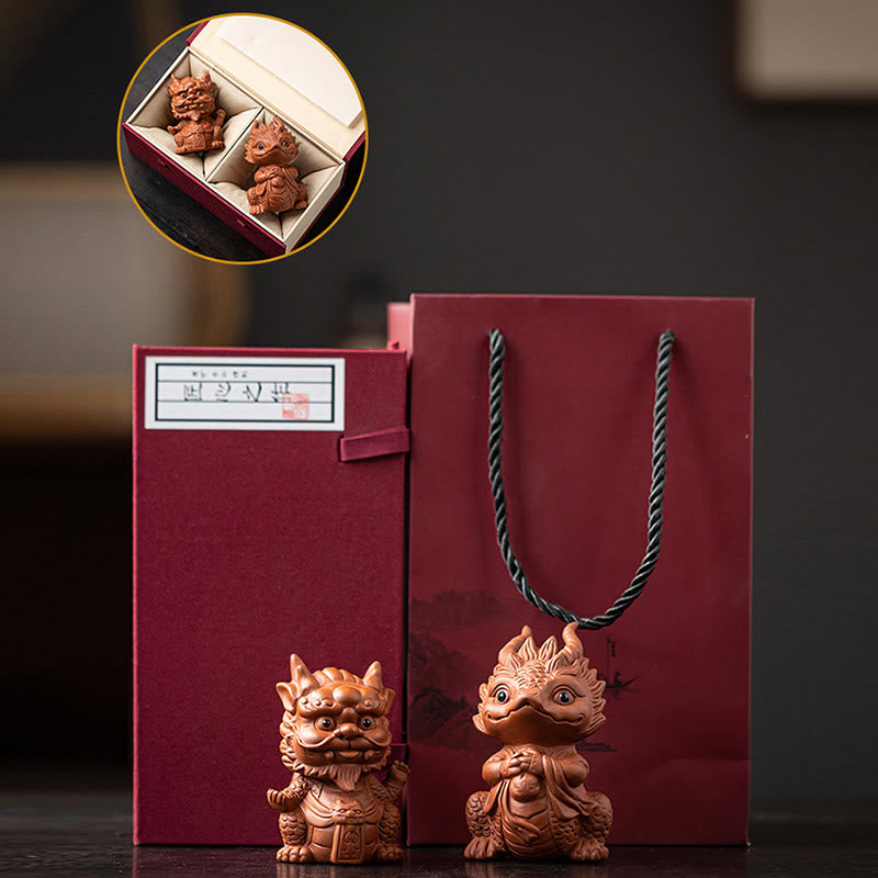 Luck Dragon Tea Pet - dragons held with tea tray, artisan showcase