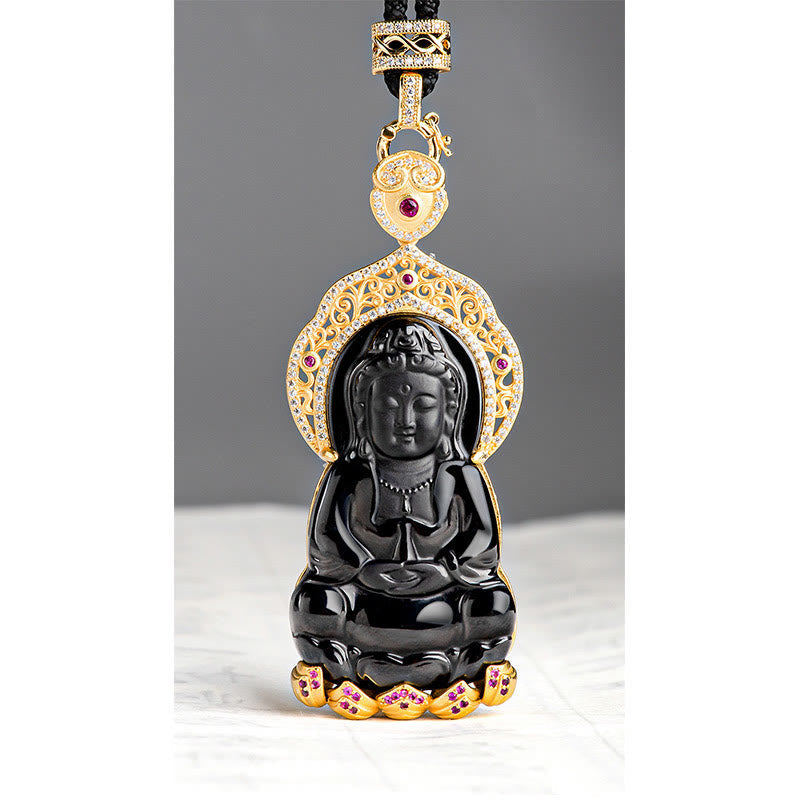 Black Jade Kwan Yin Avalokitesvara Necklace – Ornate halo backdrop carving, divine feminine necklace