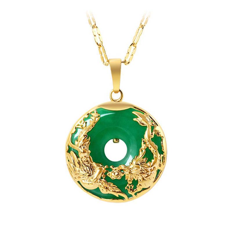 Cyan Jade Dragon Phoenix Necklace – Dual gold dragons on emerald jade disc, Prosperity