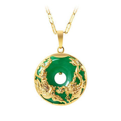 Cyan Jade Dragon Phoenix Necklace – Dual gold dragons on emerald jade disc, Prosperity