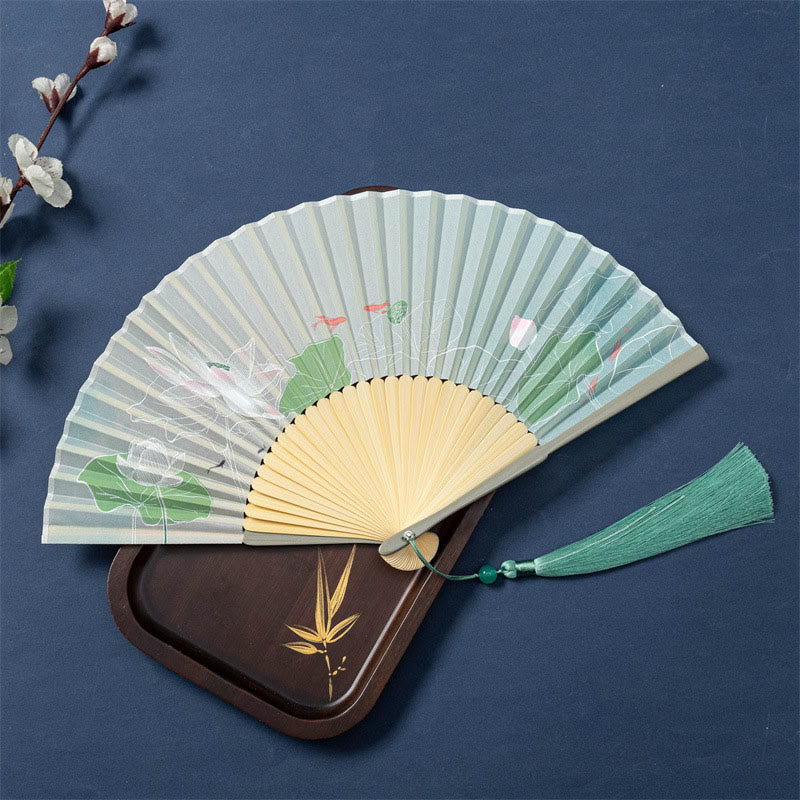Lotus Begonia Jasmine Handheld Bamboo Folding Fan - lotus pond with koi on green silk, jade bead tassel