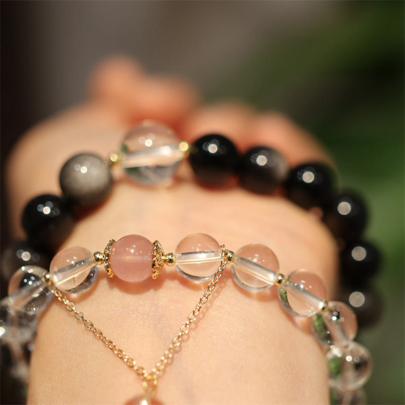 Yin Yang Obsidian Crystal Bracelet - Layered clear and obsidian bead pair on wrist, couple jewelry