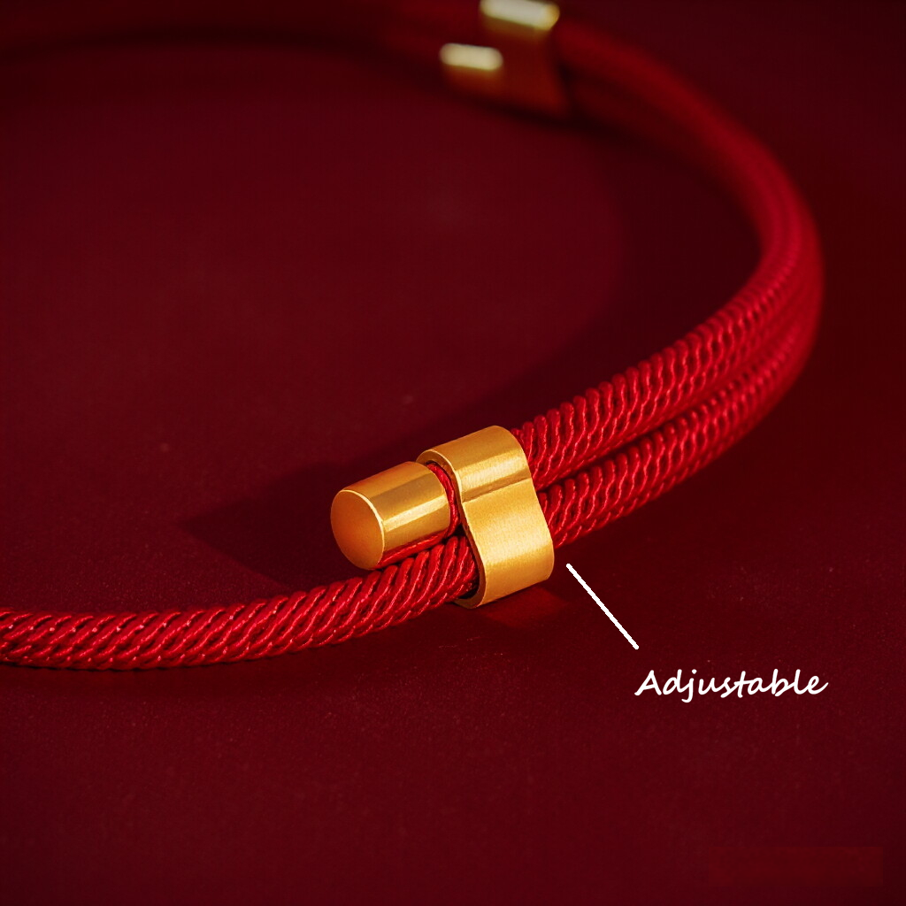CNY Red Rope Pet Collar – Close-up of adjustable gold metal buckle on red braided rope collar, red backdrop