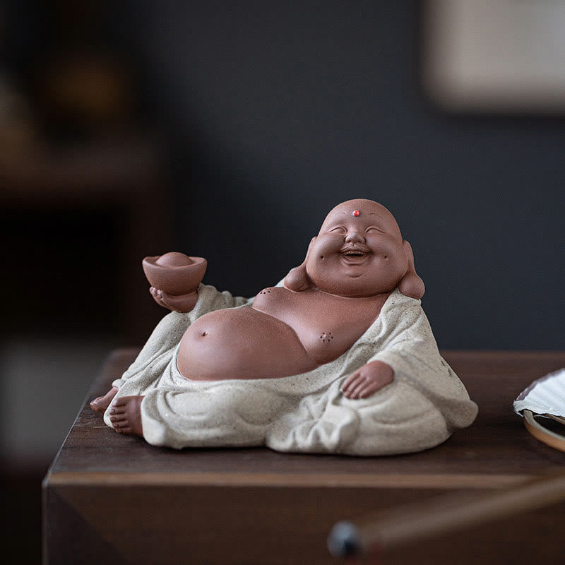 Laughing Buddha Clay Statue – Maitreya with flowing robe and exposed chest, traditional design