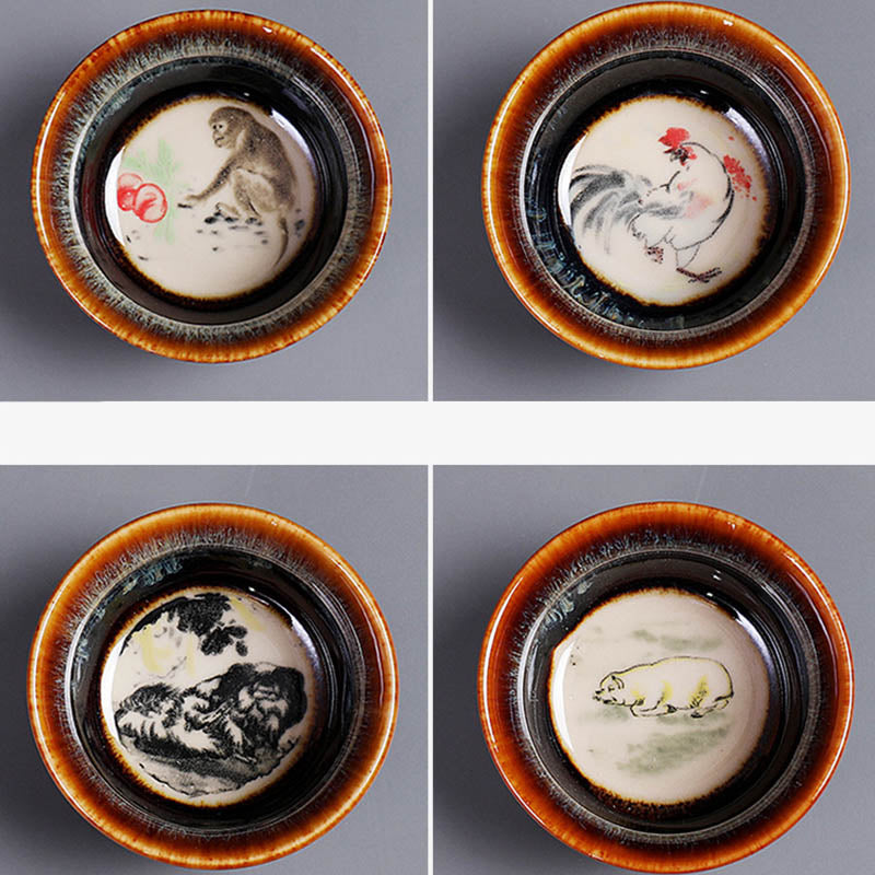 12 Zodiac Jian Zhan Teacup - size specification view showing 6.8cm diameter by 3.6cm height, 73ml capacity, hare fur glaze