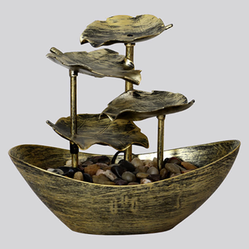 Lotus Leaf LED Waterfall Fountain - antique brass leaf tiers with river stones, brass waterfall decor