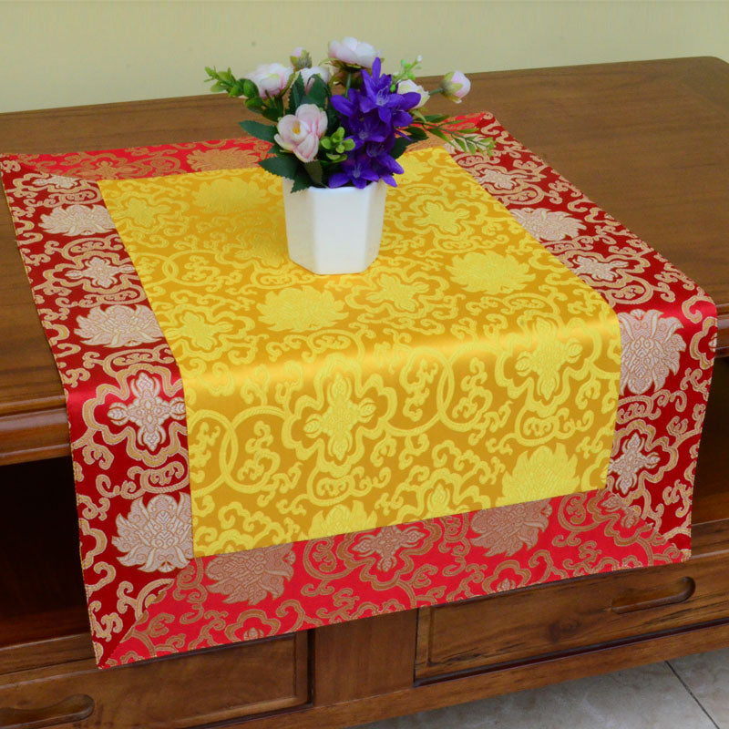 Dragon Vajra Altar Table Runner – Gold center crimson border scrollwork, traditional