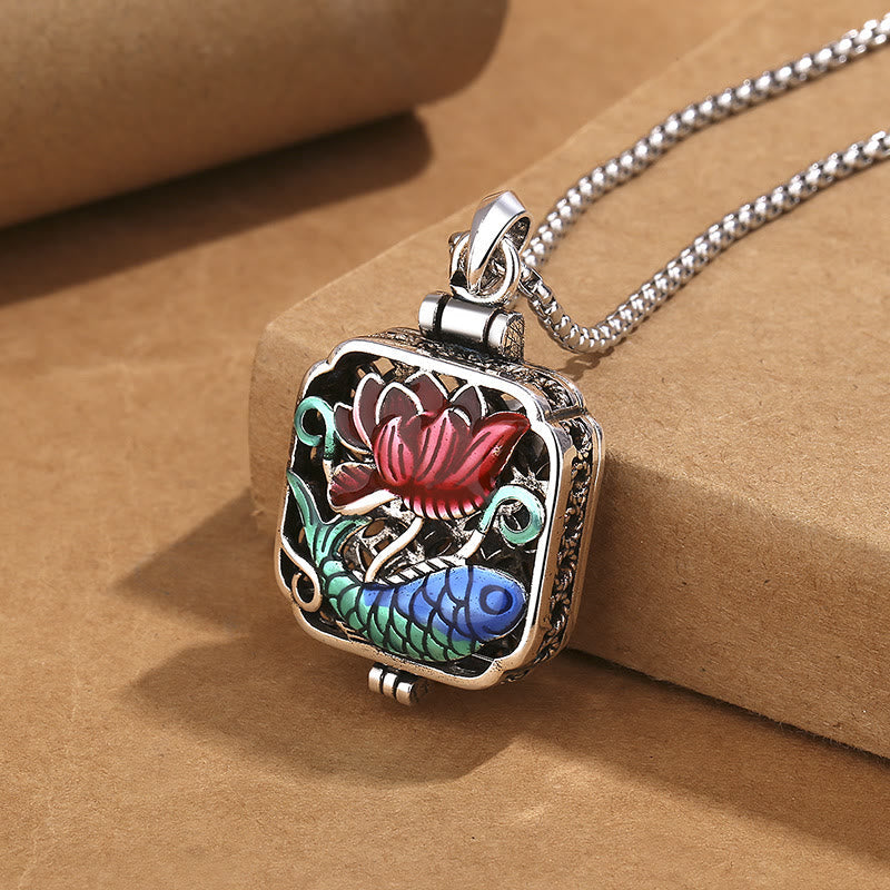 Koi Fish Lotus Ghau Prayer Box Necklace – square locket with koi lotus enamel on kraft paper, antique silver pendant