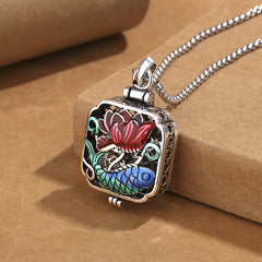 Koi Fish Lotus Ghau Prayer Box Necklace – square locket with koi lotus enamel on kraft paper, antique silver pendant