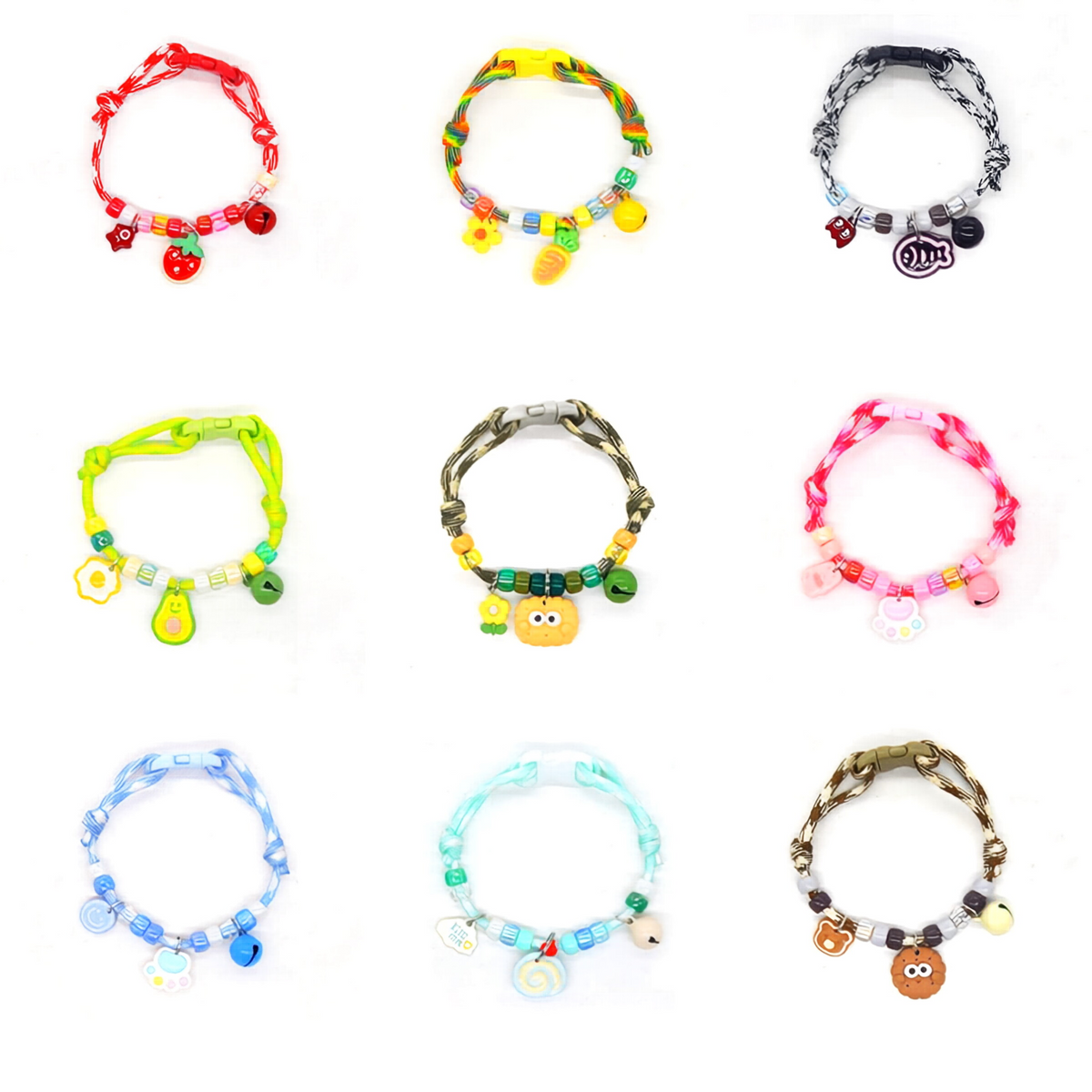 Adjustable Cat Collar – 9 color variants grid with bells, strawberry, carrot, paw, avocado charms