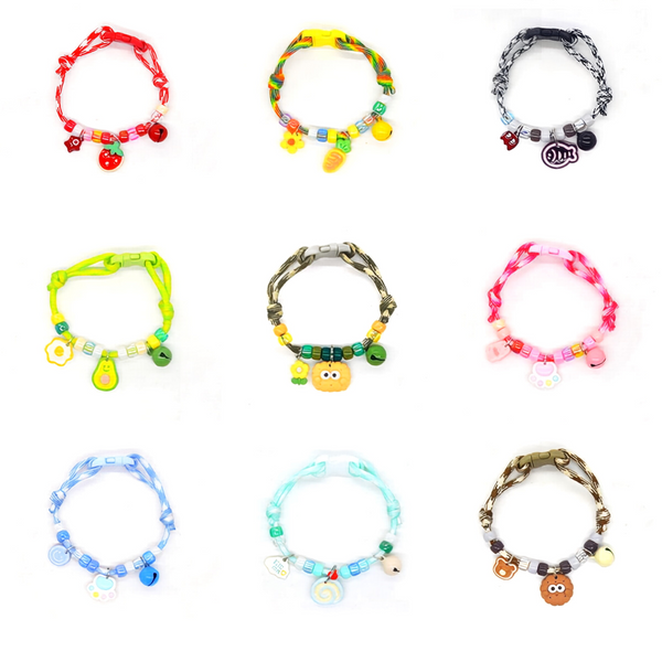 Adjustable Cat Collar – 9 color variants grid with bells, strawberry, carrot, paw, avocado charms