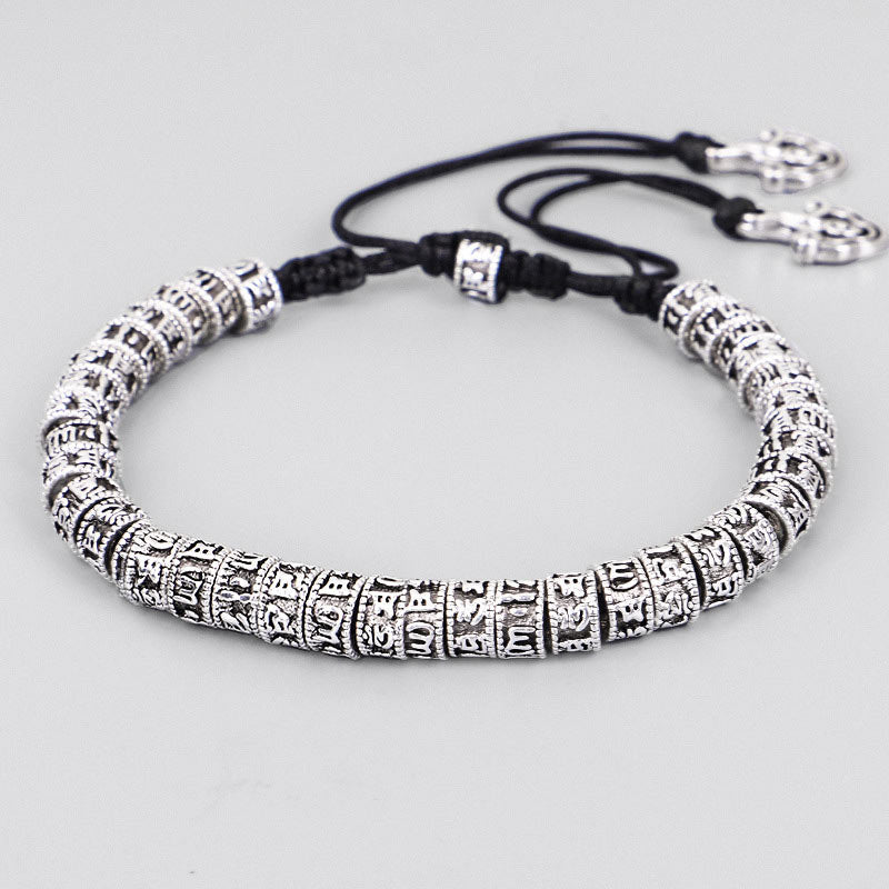 Tibetan Mantra Purity Bracelet – Adjustable black cord with engraved silver beads and vajra charms, Tibetan jewelry