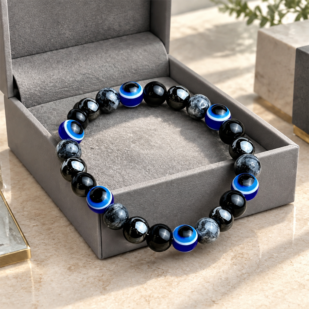 Black Magnetic Stone Evil Eye Stretch Bracelet - lifestyle