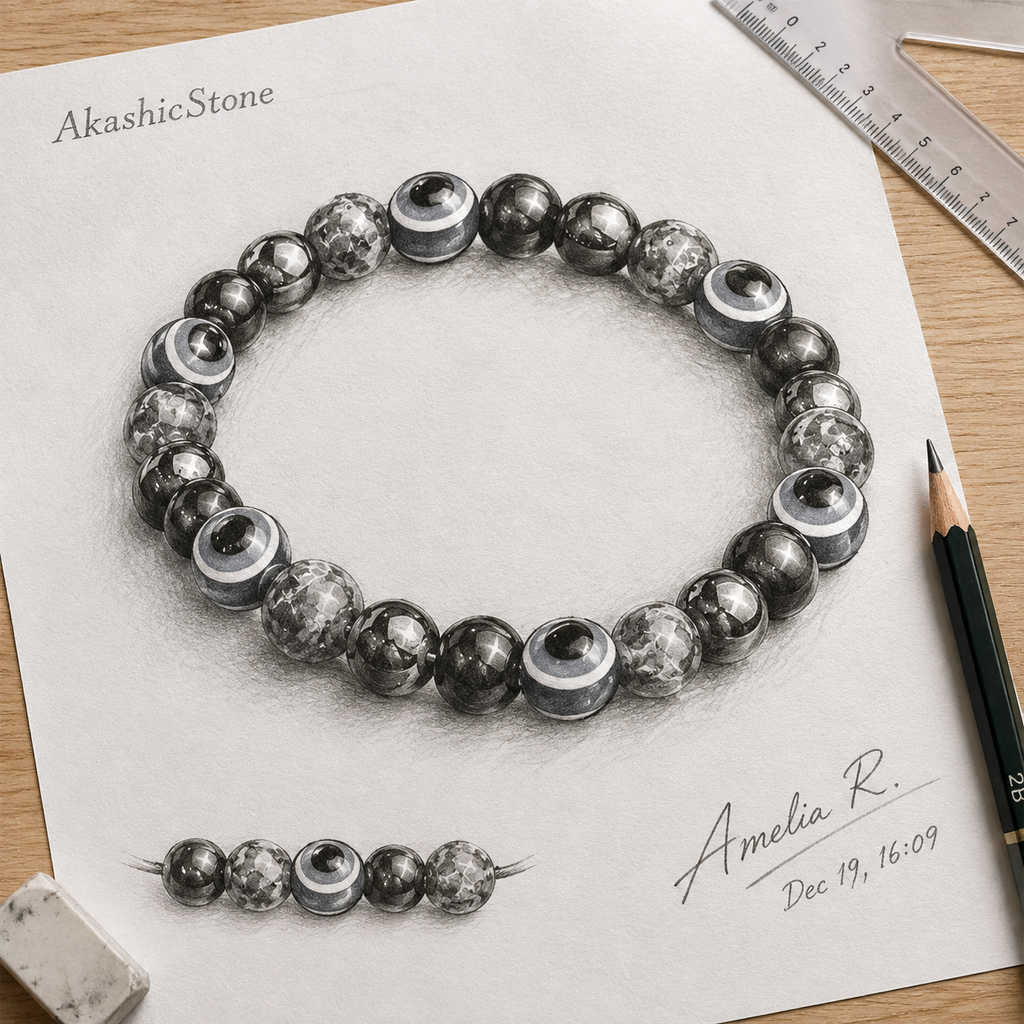 Black Magnetic Stone Evil Eye Stretch Bracelet - line art