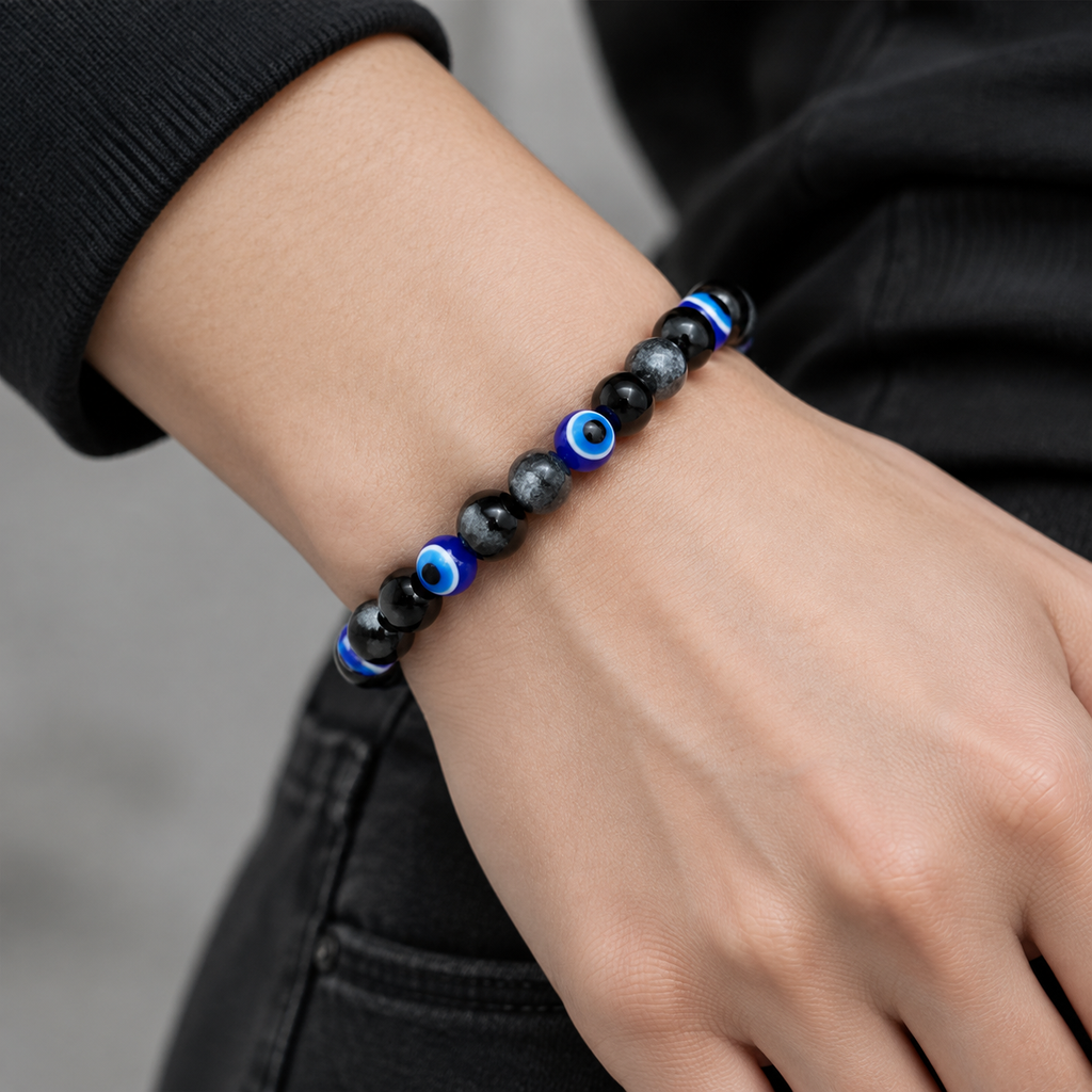 Black Magnetic Stone Evil Eye Stretch Bracelet - wear closeup