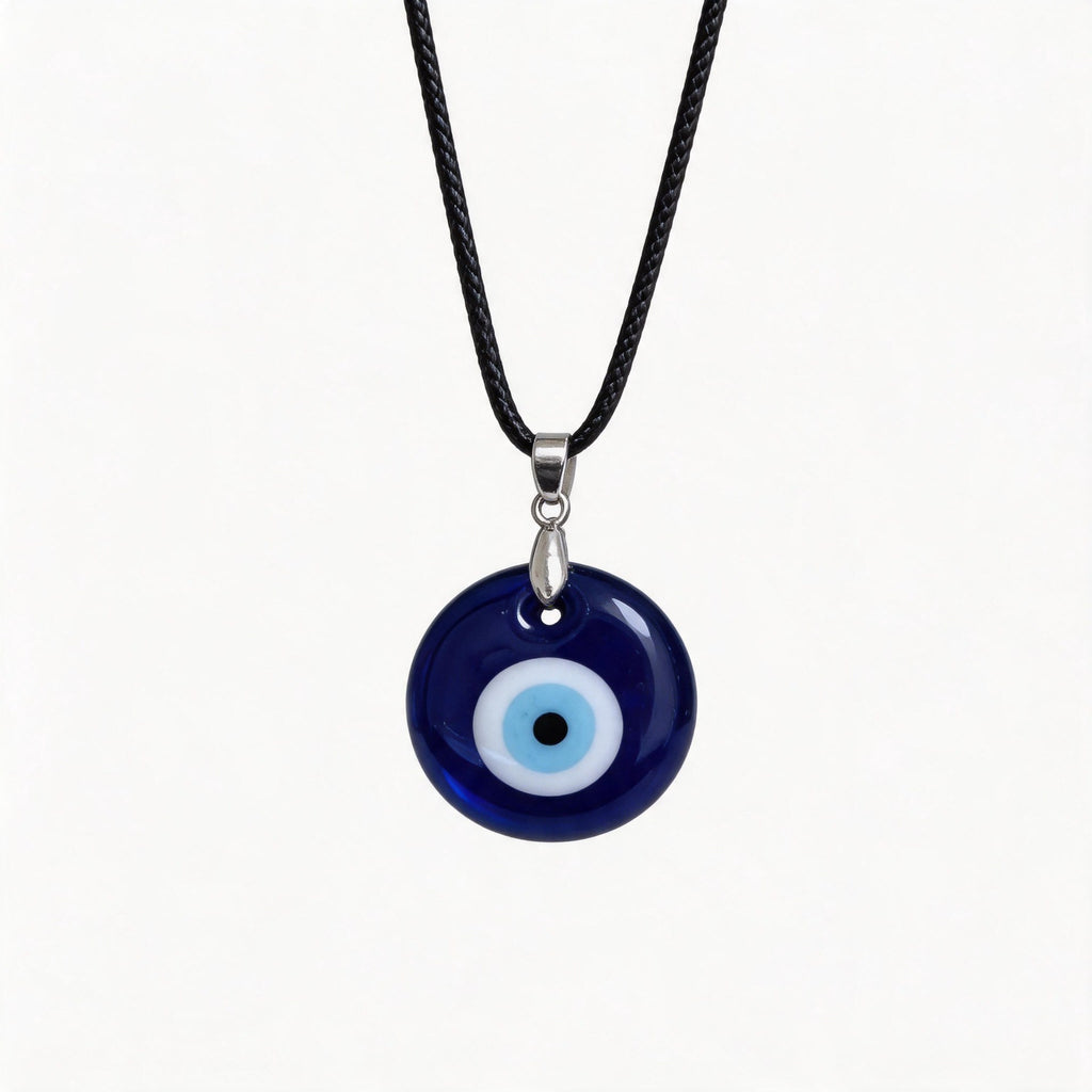 Blue Glass Evil Eye Necklace – Main studio product view of the glass eye pendant on its waxed cord