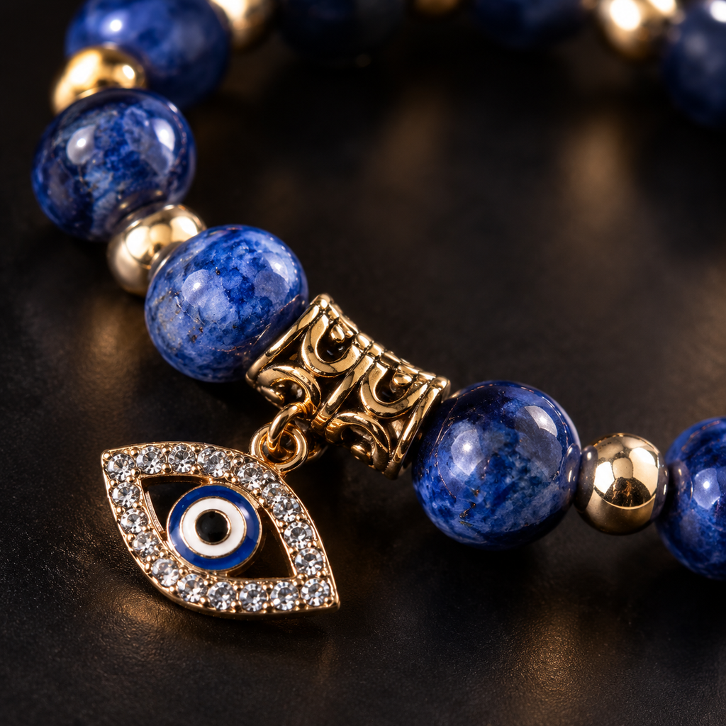 Blue Veined Stone Evil Eye Bead Bracelet - detail 1