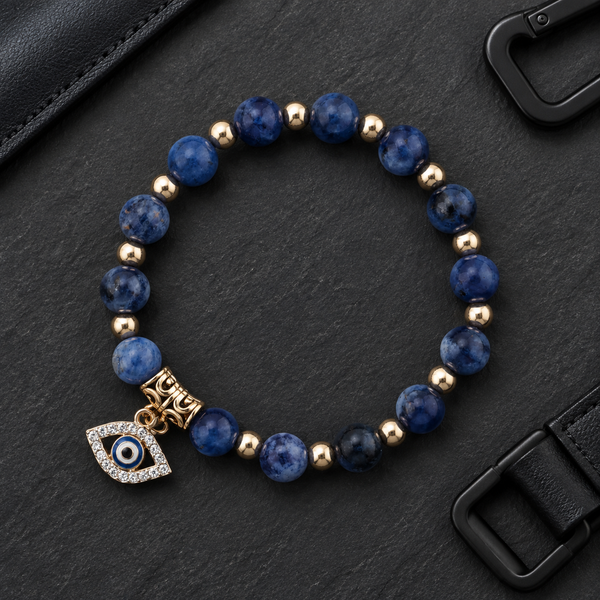Blue Veined Stone Evil Eye Bead Bracelet - flat lay
