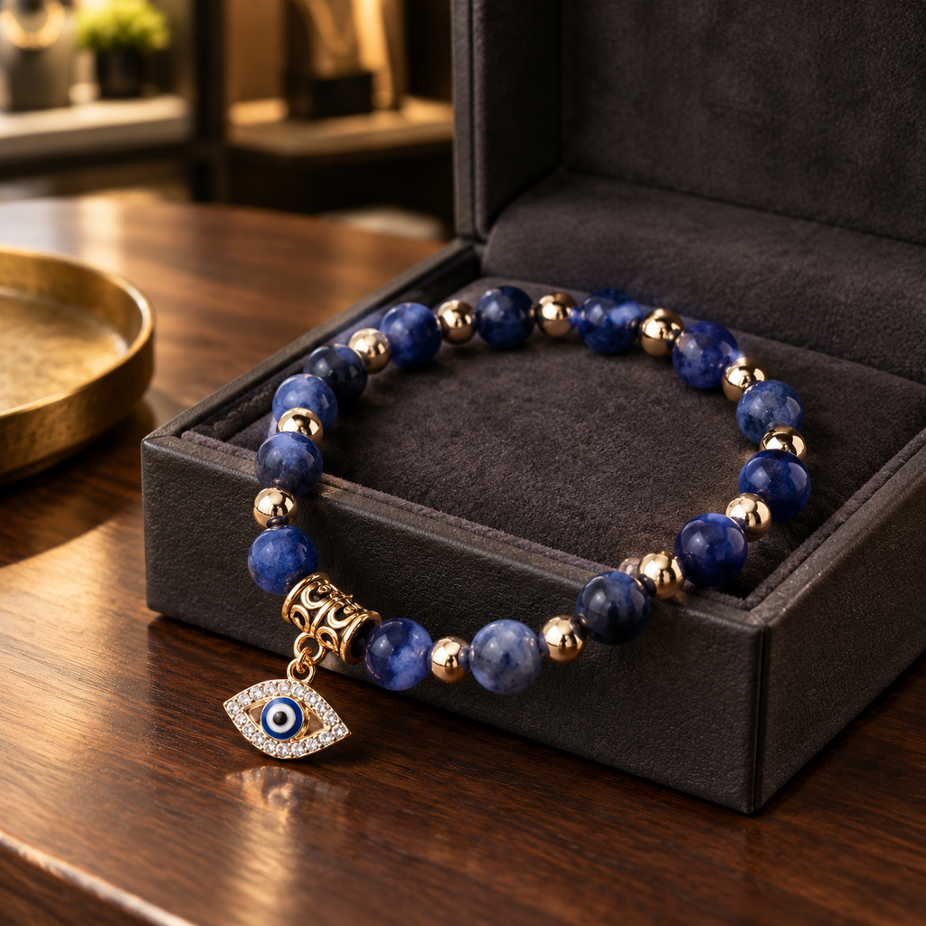 Blue Veined Stone Evil Eye Bead Bracelet - lifestyle