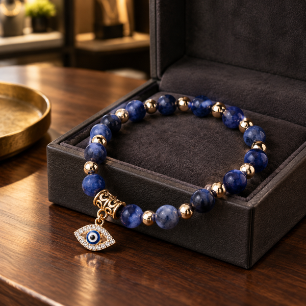 Blue Veined Stone Evil Eye Bead Bracelet - lifestyle