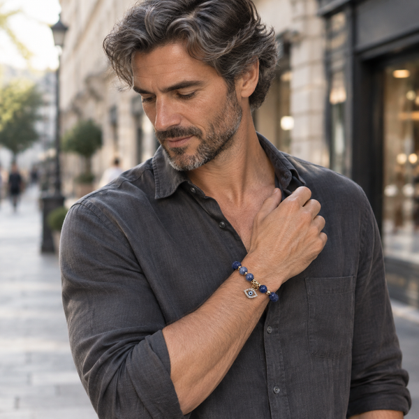 Blue Veined Stone Evil Eye Bead Bracelet - model angle